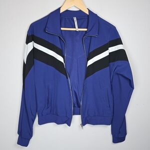 Fabletics Women's Augustus Retro Zip Up Jacket Chevron Stripe Blue Activewear M